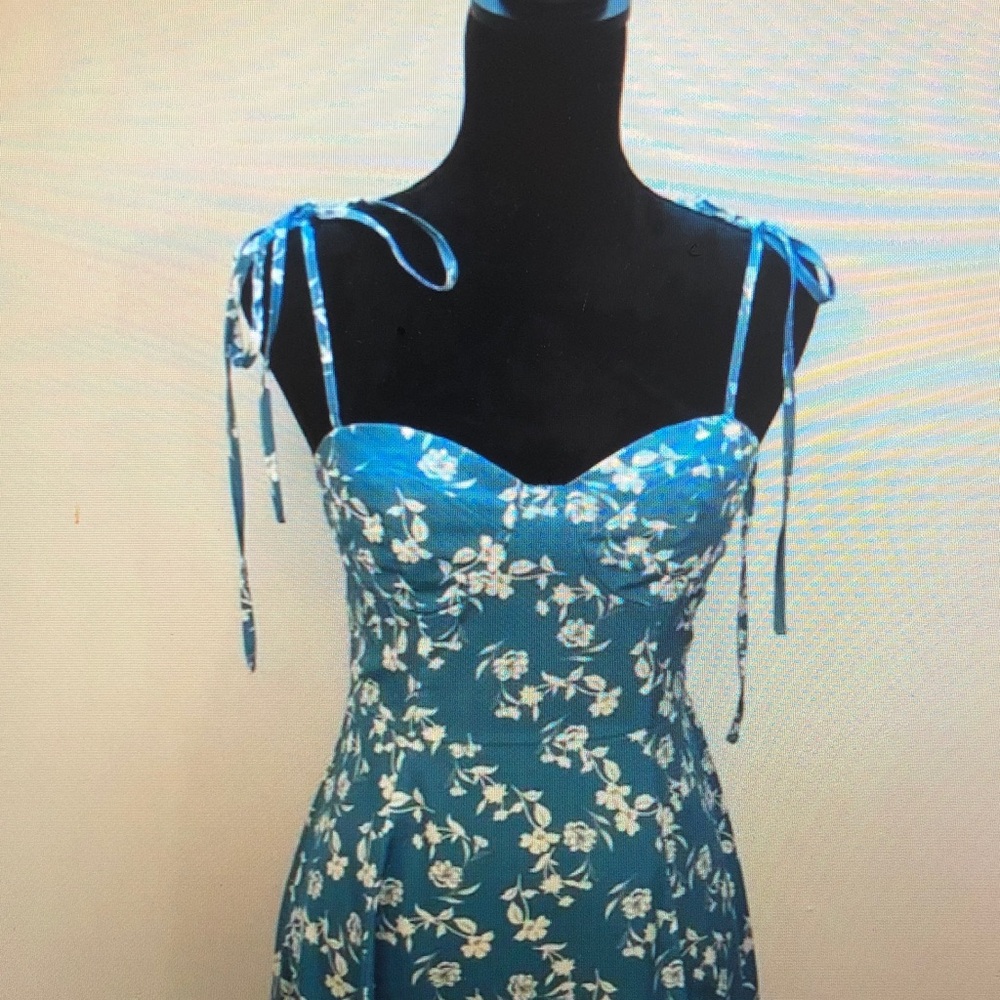 Floral Blue Dress with Tie Straps